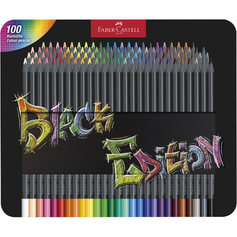 Set der 'Faber-Castell Black Edition' Buntstifte, der ein Ensemble von 100 leuchtend farbigen Stiften in einem schwarzen Etui präsentiert.