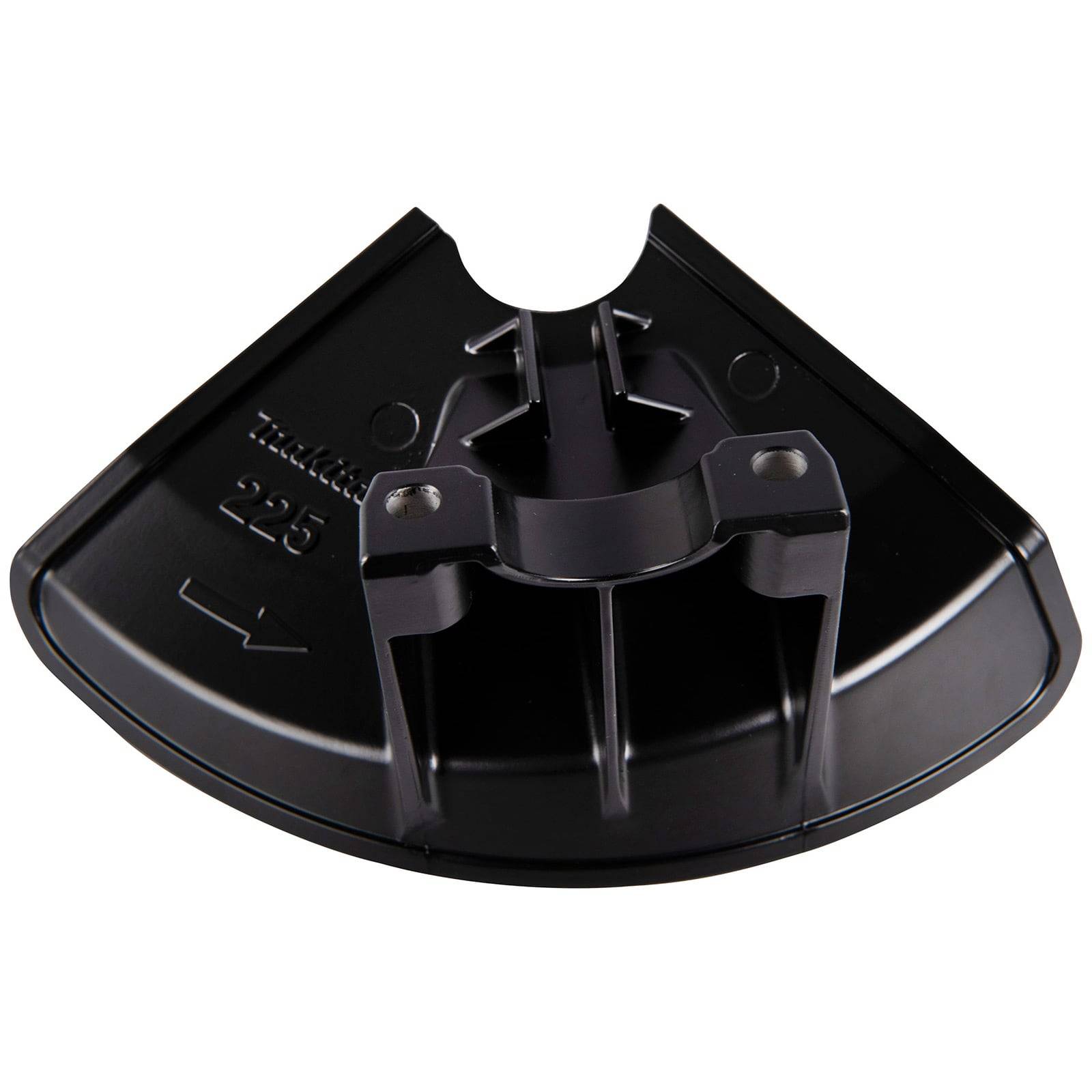 Eine schwarze, halbmondförmige Kunststoffschutzabdeckung für ein Makita-Werkzeug, beschriftet mit '225'.