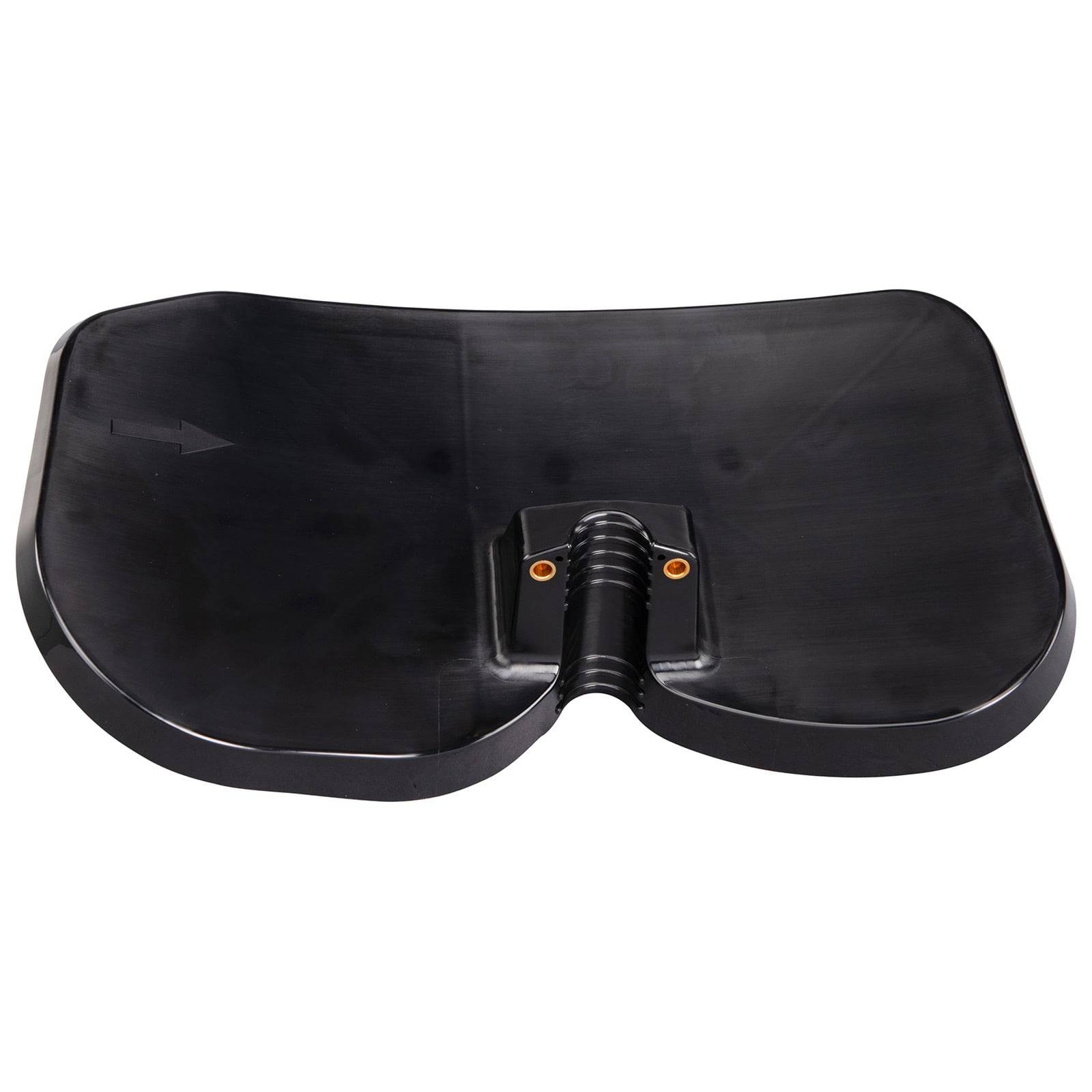 Ein schwarzer, konturierter Kunststoffsitz mit einer zentralen Scharnierverbindung und abgerundeten Kanten, ergonomisch für das Sitzen gestaltet, auf einem weißen Hintergrund abgebildet.