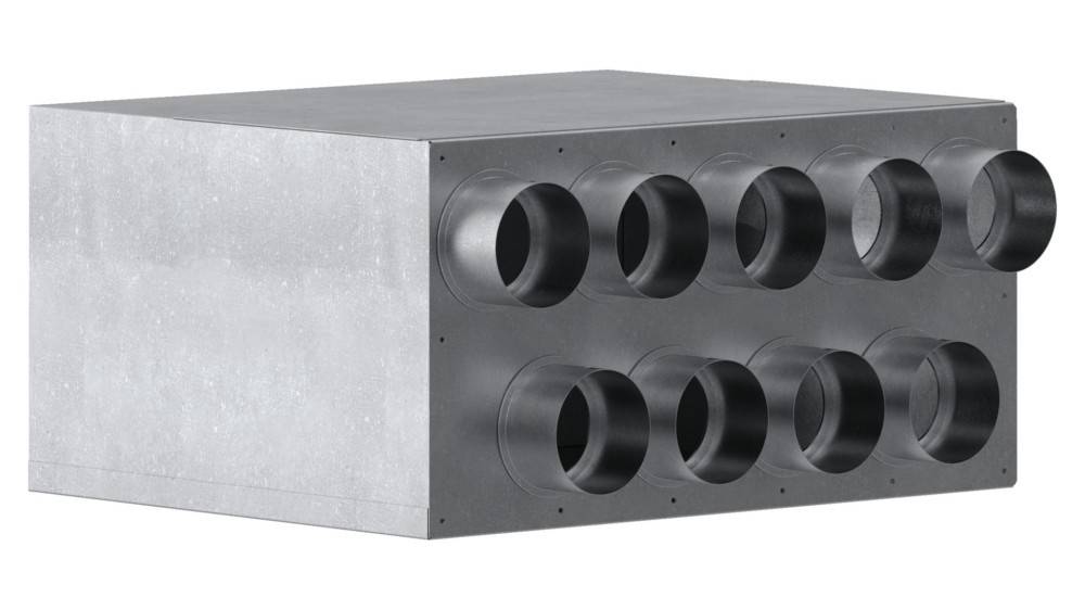 Silberne rechteckige Luftverteilungseinheit mit acht kreisförmigen schwarzen Kanälen auf einer Seite, verwendet für HVAC-Systeme.