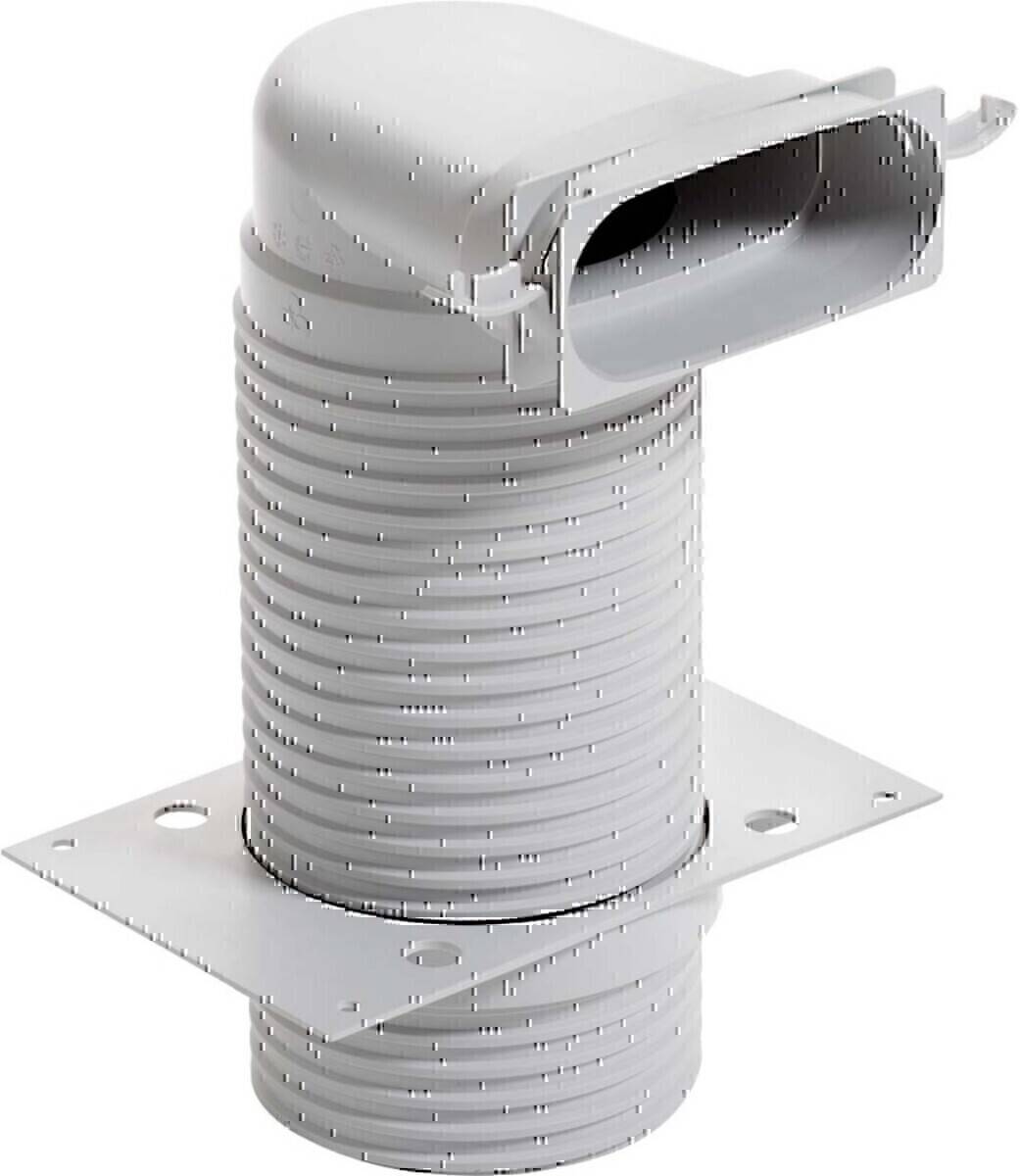 Dieses Bild zeigt einen grauen Kunststoff-Rohrbogen mit einer rechteckigen Öffnung an der Oberseite und Flansche am unteren Ende, der für die Belüftung verwendet wird.