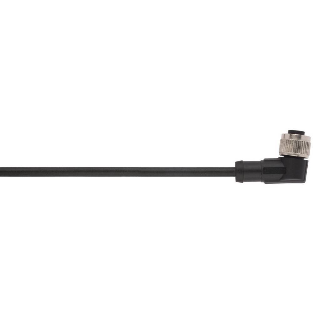 Ein langer, dünner, schwarzer Stab mit einem rechtwinkligen schwarzen Verbinder und einem metallischen Ring an einem Ende, möglicherweise ein Bauteil für Elektronik oder Maschinen.