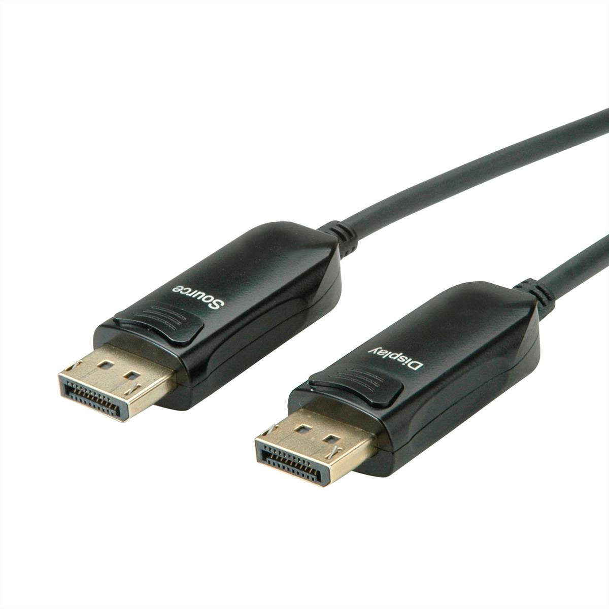 Zwei DisplayPort-Kabelstecker auf weißem Hintergrund, aus nächster Nähe gezeigt mit schwarzen Gehäusen und vergoldeten Steckern.