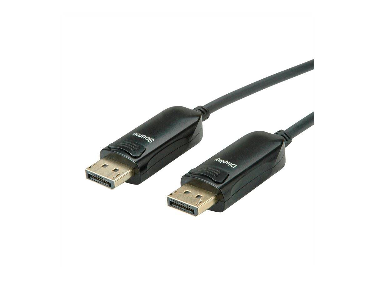 Zwei DisplayPort-Stecker (männlich) auf schwarzen Kabeln, auf weißem Hintergrund dargestellt.
