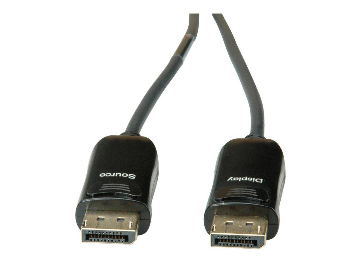 Zwei DisplayPort-Steckerverbinder auf weißem Hintergrund, nebeneinander angeordnet, wobei einer mit "Quelle"" und der andere mit ""Anzeige"" beschriftet ist.