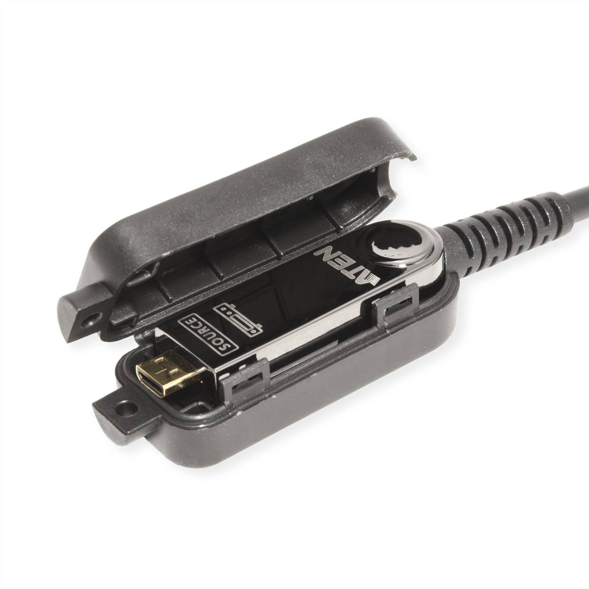 Ein kleines elektronisches Gerät mit geöffnetem Deckel, das einen mit „SOME