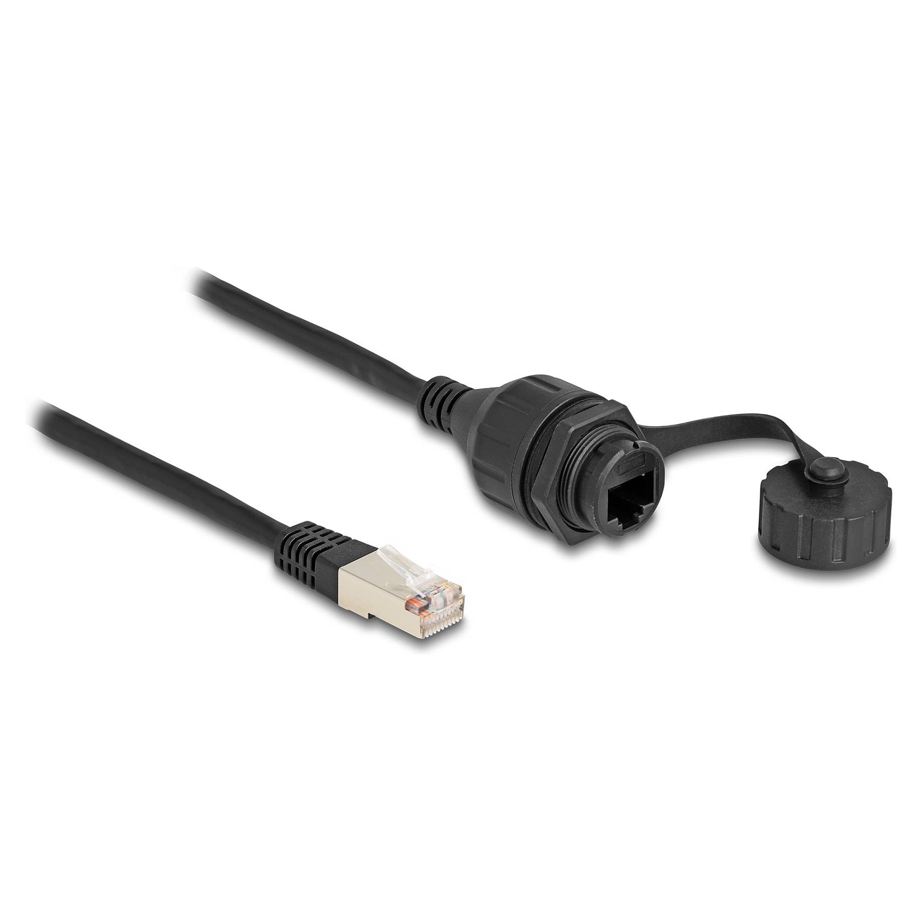 Ethernet-Kabel mit RJ45-Stecker und wasserdichtem Rundstecker, dargestellt mit Schutzkappe auf weißem Hintergrund.