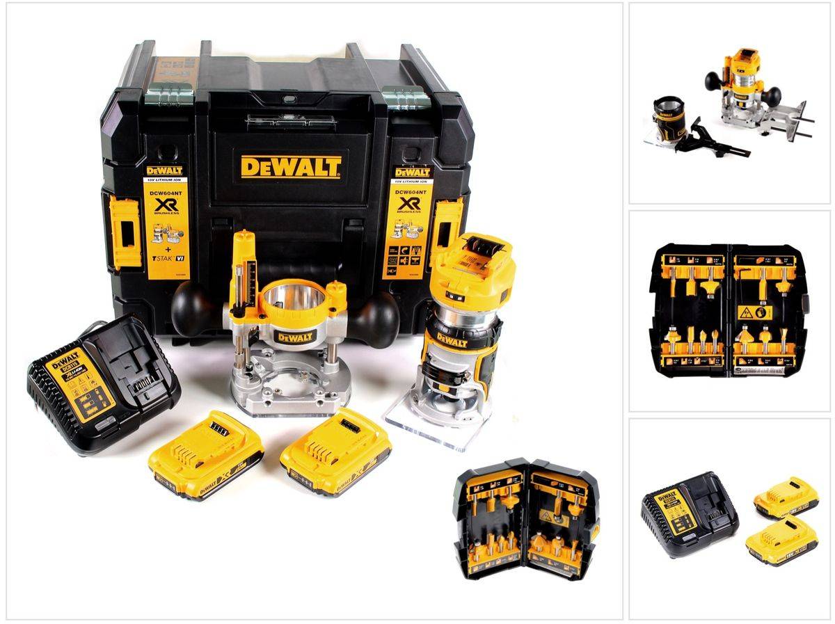 DeWalt DCW 604 D2 Akku Kombifräse 18V 55 mm + 2x Akkus 2,0 Ah + 1x Schnellladegerät + Fräser Set 12 tlg in TSTAK
