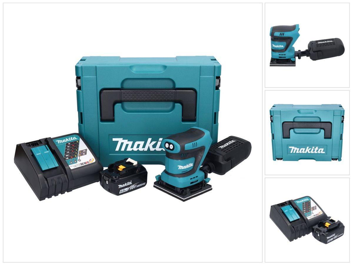 Makita DBO 480 RG1J Akku Schwingschleifer 18 V 112 x 102 mm + 1x Akku 6,0 Ah + Ladegerät + Makpac