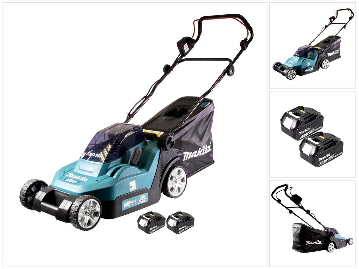 Makita DLM 432 F2 Akku Rasenmäher 36 V ( 2x 18 V ) 43 cm Brushless + 2x Akku 3,0 Ah - ohne Ladegerät