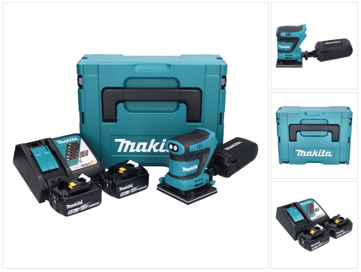 Makita DBO 480 RTJ Akku Schwingschleifer 18 V 112 x 102 mm + 2x Akku 5,0 Ah + Ladegerät + Makpac