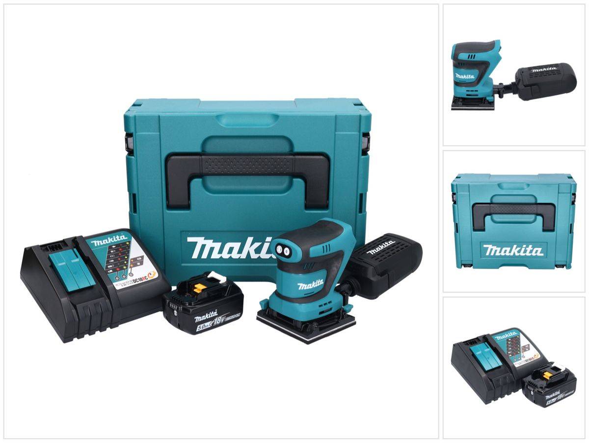 Makita DBO 480 RT1J Akku Schwingschleifer 18 V 112 x 102 mm + 1x Akku 5,0 Ah + Ladegerät + Makpac