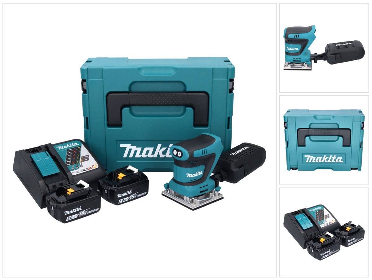 Makita DBO 482 RTJ Akku Schwingschleifer 18 V 112 x 102 mm + 2x Akku 5,0 Ah + Ladegerät + Makpac