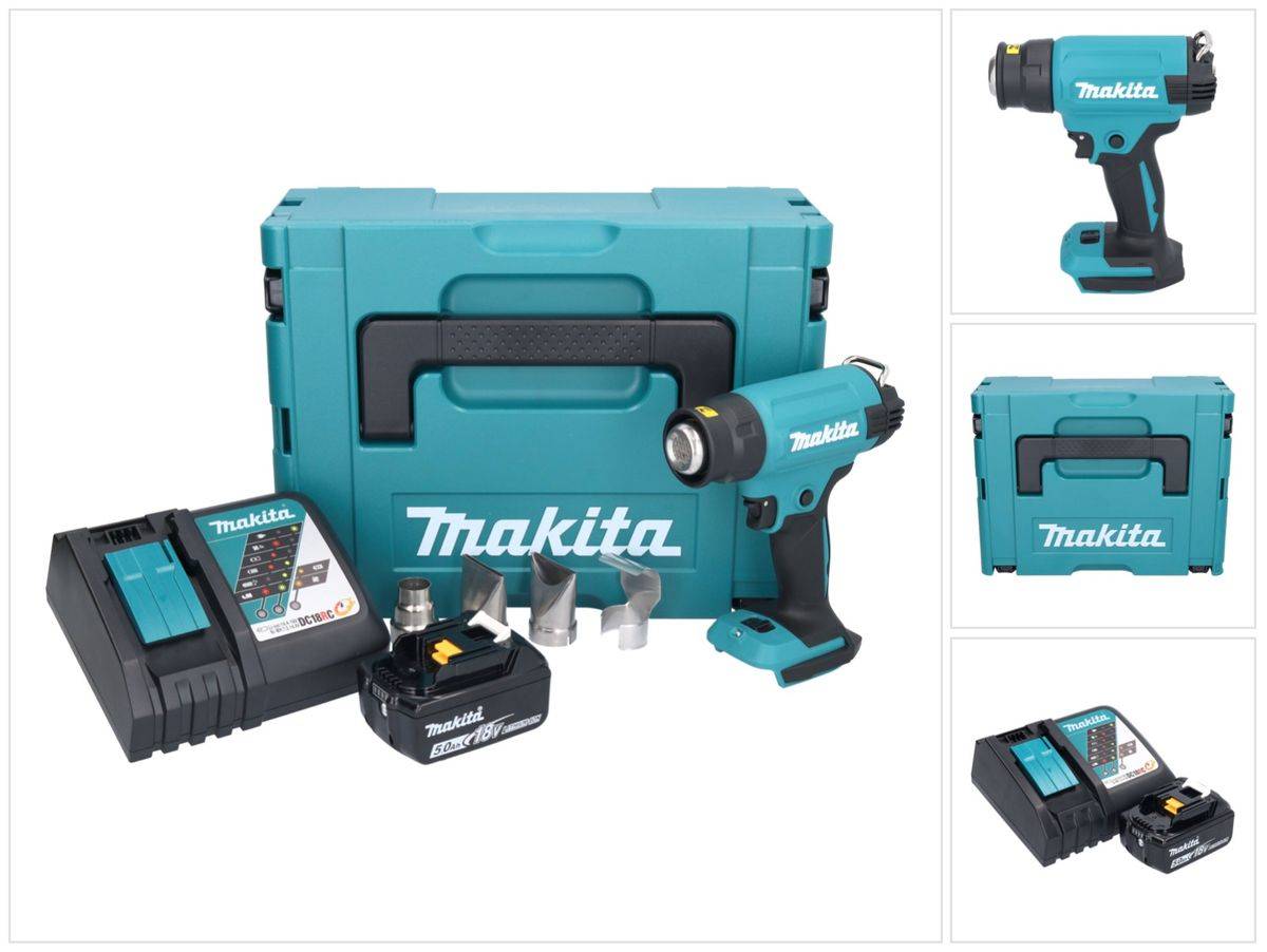 Makita DHG 181 RT1J Akku Heißluftgebläse 18 V 150 - 550°C + 1x Akku 5,0 Ah + Ladegerät + Makpac