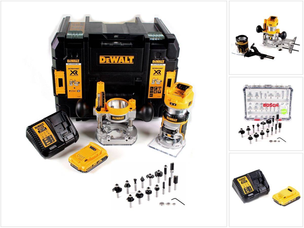 DeWalt DCW 604 D1 Akku Kombifräse 18V 55mm + 1x Akku 2,0 Ah + 1x Schnellladegerät + Bosch 18 teiliges Fräser Set in TSTAK