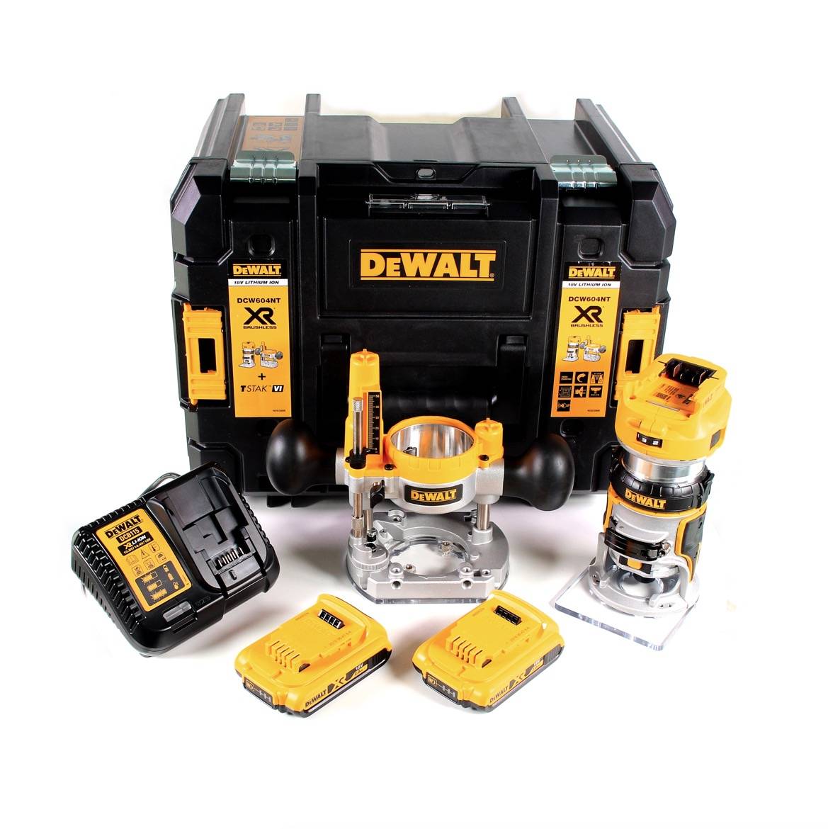 DeWalt DCW 604 D2 Akku Kombifräse 18V 55mm in + 2x Akkus 2,0 Ah + 1x Schnellladegerät in TSTAK