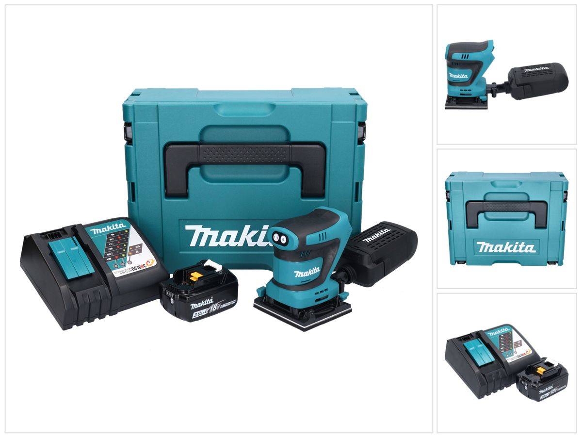 Makita DBO 480 RF1J Akku Schwingschleifer 18 V 112 x 102 mm + 1x Akku 3,0 Ah + Ladegerät + Makpac