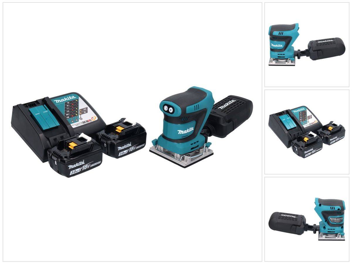 Makita DBO 482 RF Akku Schwingschleifer 18 V 112 x 102 mm + 2x Akku 3,0 Ah + Ladegerät