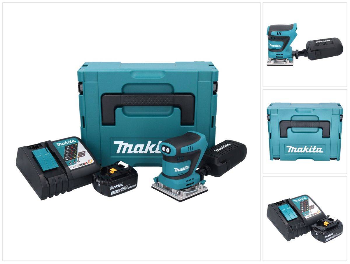 Makita DBO 482 RF1J Akku Schwingschleifer 18 V 112 x 102 mm + 1x Akku 3,0 Ah + Ladegerät + Makpac