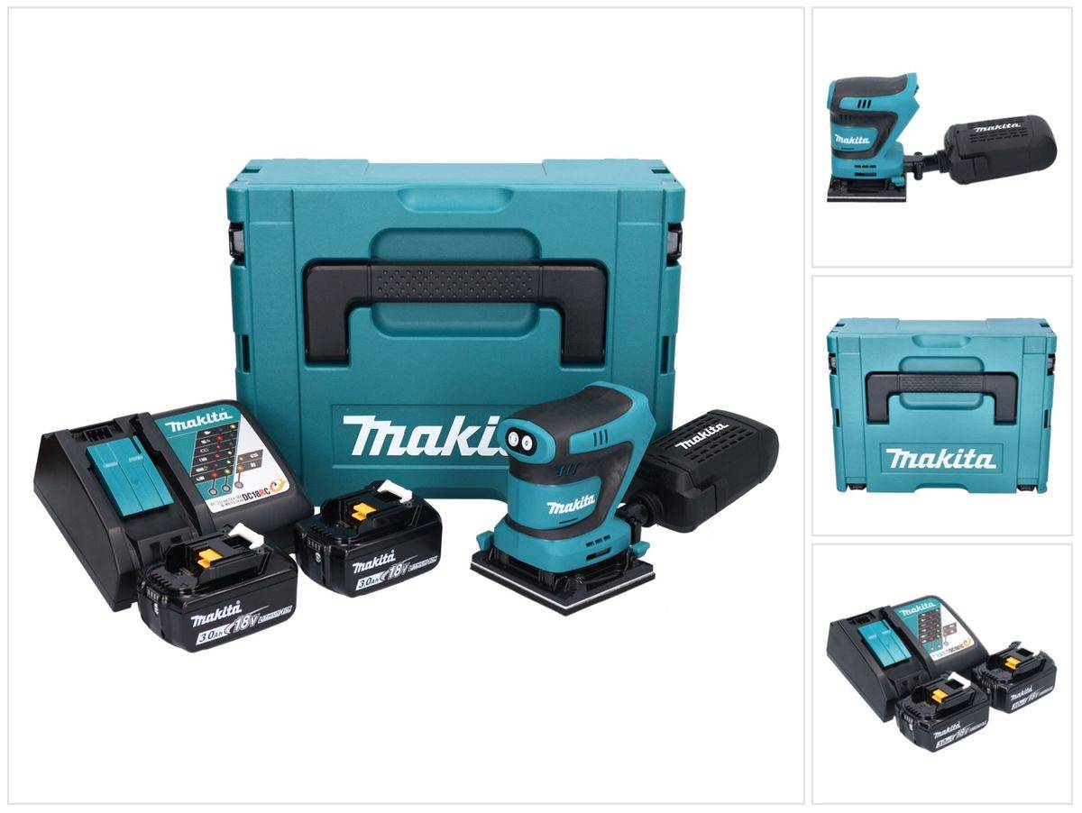 Makita DBO 480 RFJ Akku Schwingschleifer 18 V 112 x 102 mm + 2x Akku 3,0 Ah + Ladegerät + Makpac