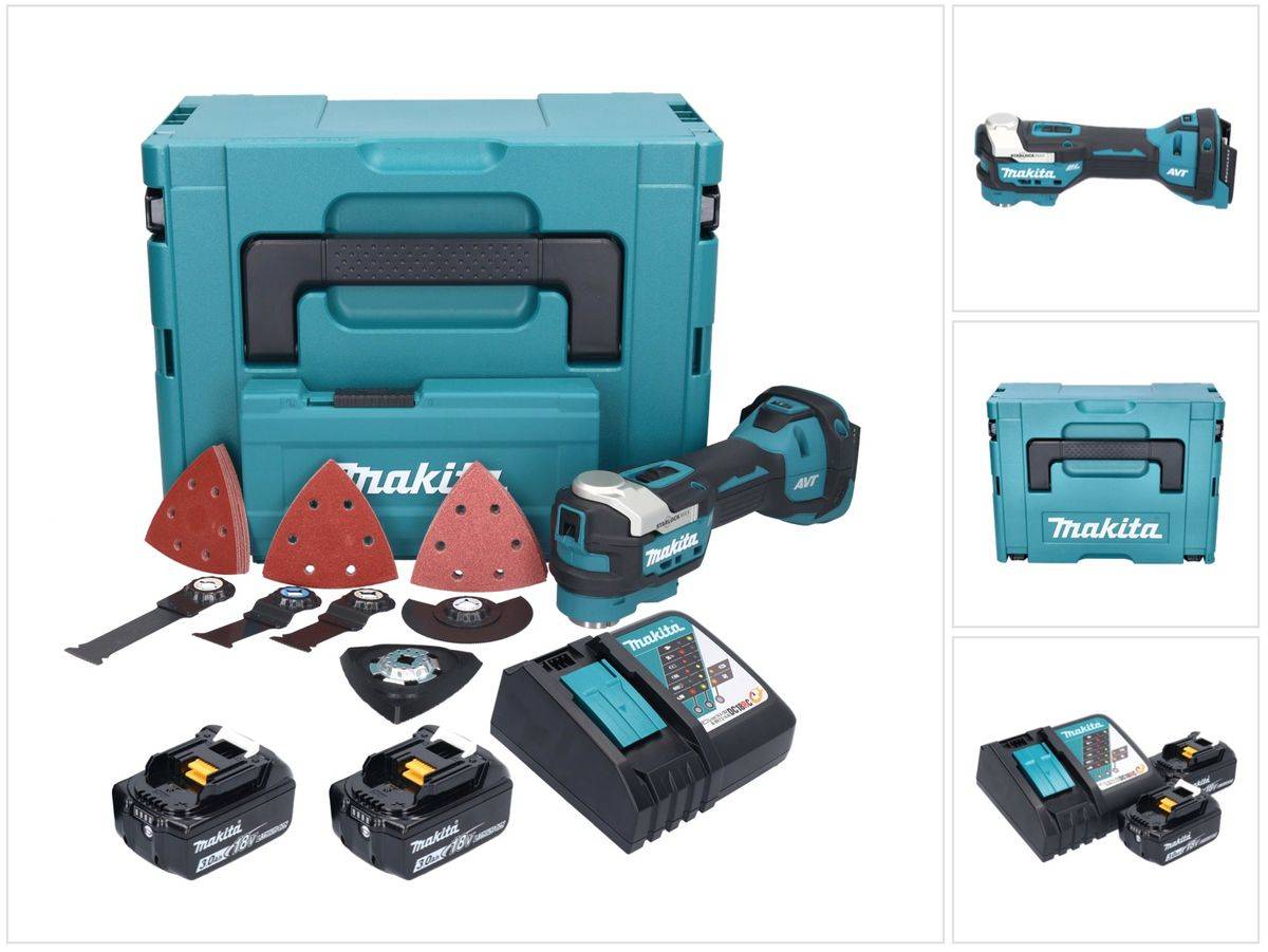 Makita DTM 52 RFJX4 Akku Multifunktionswerkzeug 18 V Starlock Max Brushless + 2x Akku 3,0 Ah + Ladegerät + Zubehör Set + Makpac