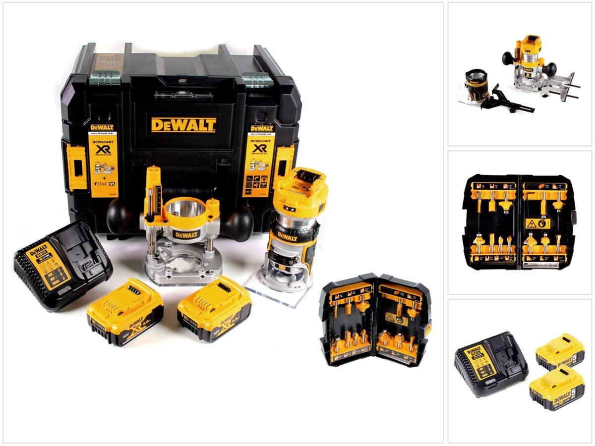 DeWalt DCW 604 P2 Akku Kombifräse 18V 55mm + 2x Akkus 5,0 Ah + 1x Schnelladegerät + Fräser Set 12 tlg in TSTAK