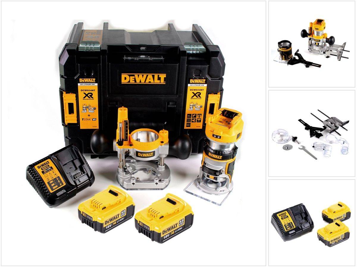 DeWalt DCW 604 M2 Akku Kombifräse 18V 55 mm + 2x Akkus 4,0 Ah + 1x Schnellladegerät in TSTAK