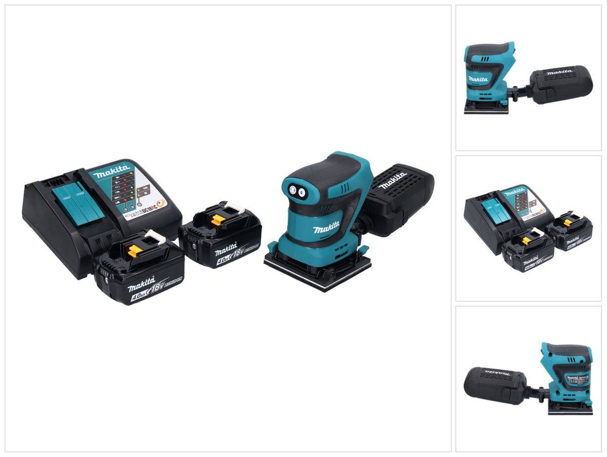Makita DBO 480 RM Akku Schwingschleifer 18 V 112 x 102 mm + 2x Akku 4,0 Ah + Ladegerät