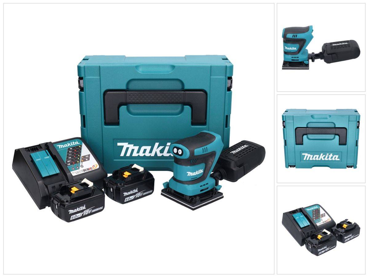 Makita DBO 480 RGJ Akku Schwingschleifer 18 V 112 x 102 mm + 2x Akku 6,0 Ah + Ladegerät + Makpac