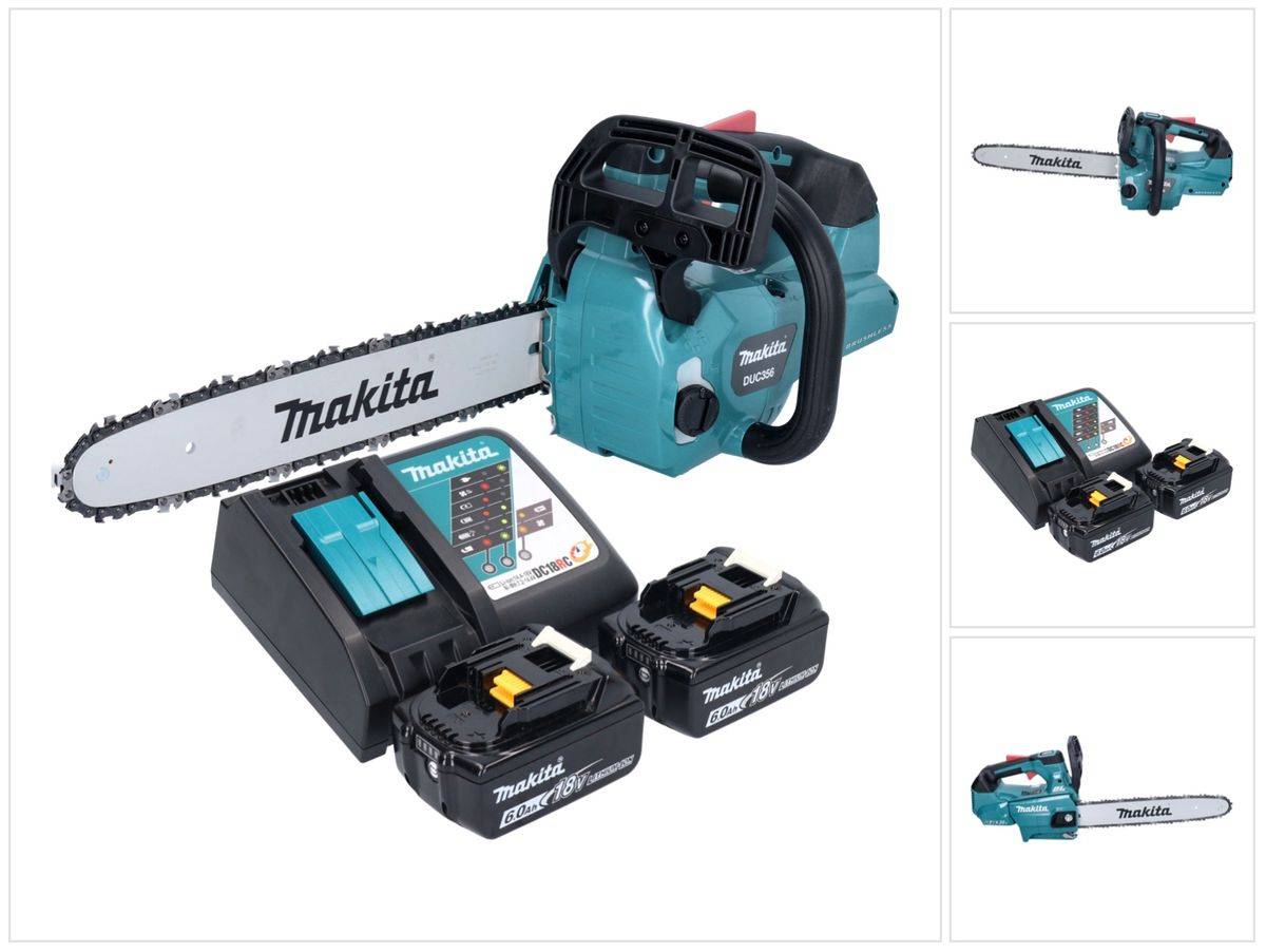 Makita DUC 356 RGB Akku Kettensäge 36 V ( 2x 18 V ) 35 cm Brushless + 2x Akku 6,0 Ah + Ladegerät
