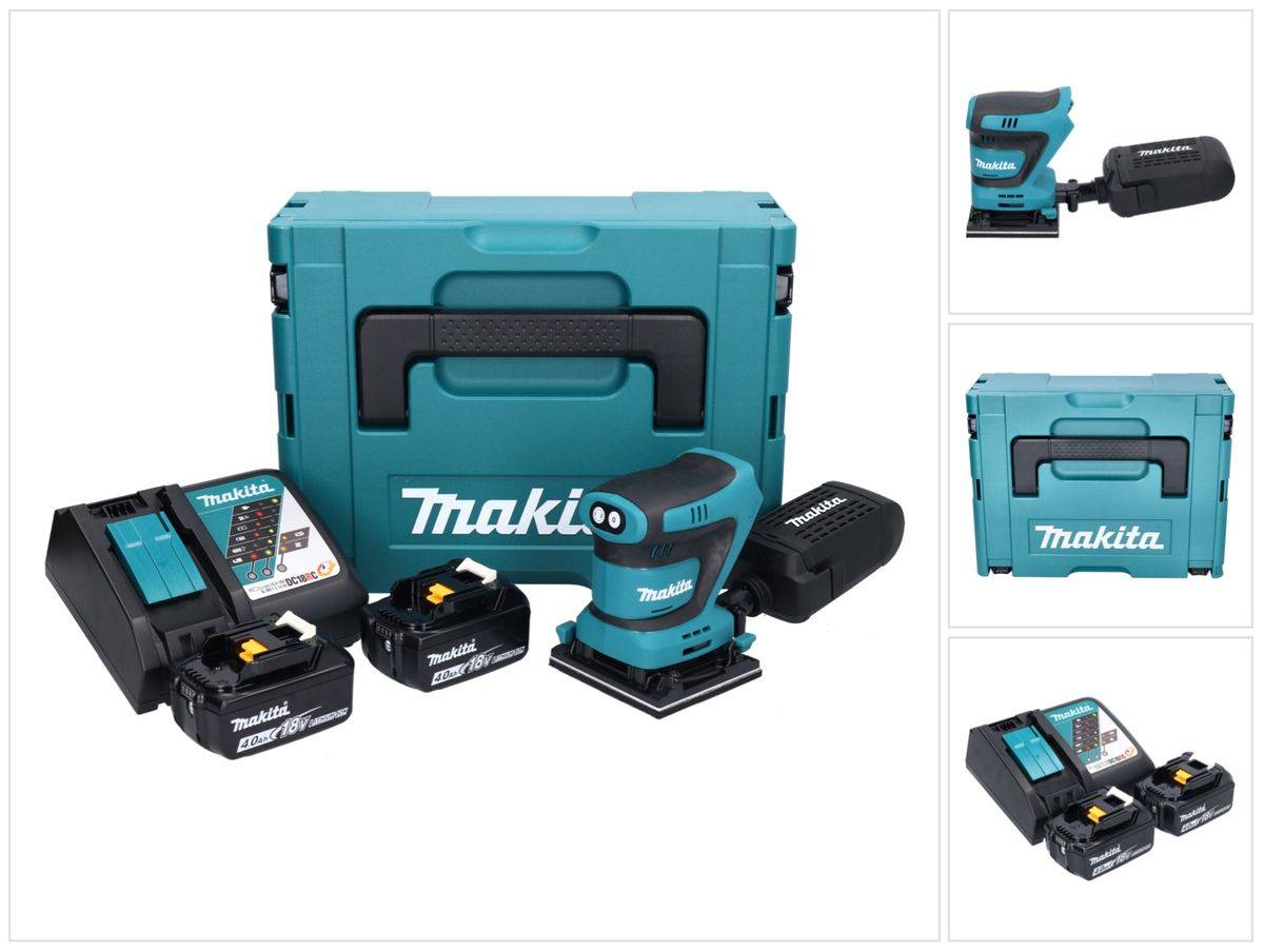 Makita DBO 480 RMJ Akku Schwingschleifer 18 V 112 x 102 mm + 2x Akku 4,0 Ah + Ladegerät + Makpac