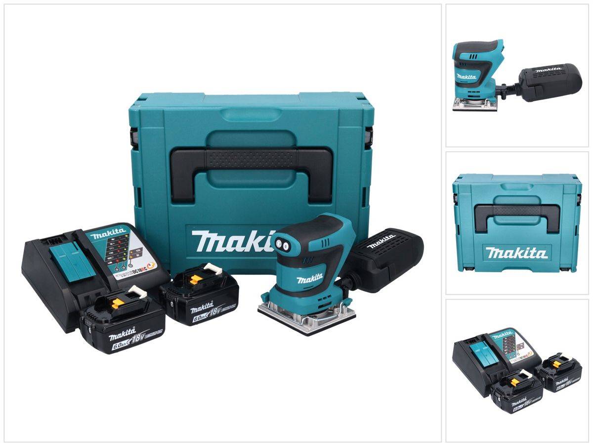 Makita DBO 482 RGJ Akku Schwingschleifer 18 V 112 x 102 mm + 2x Akku 6,0 Ah + Ladegerät + Makpac