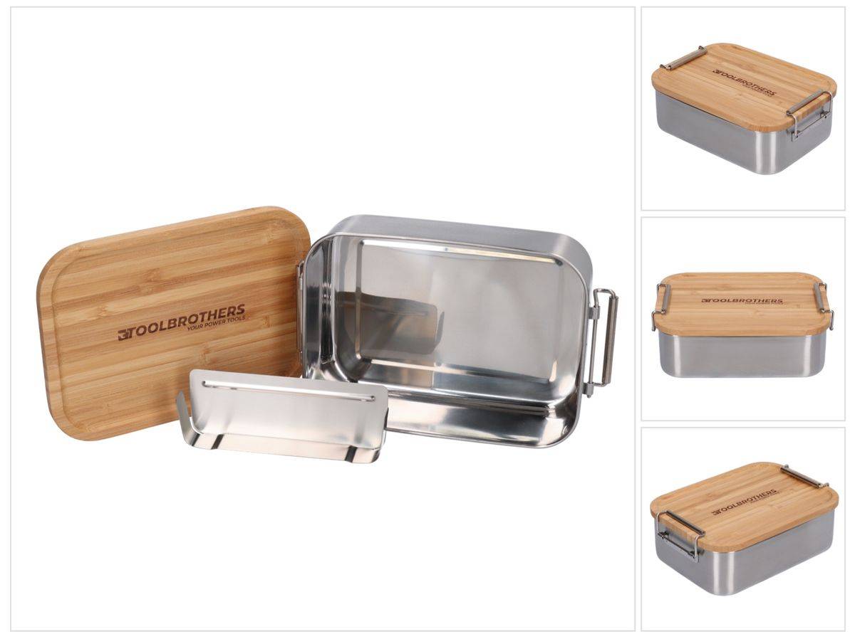 Toolbrothers Fan Edelstahl Brotdose mit Bambus Deckel 1200 ml, Lunchbox für Erwachsene und Kinder, Brotzeit, Vesperbox für Schule Arbeit Picknick Re