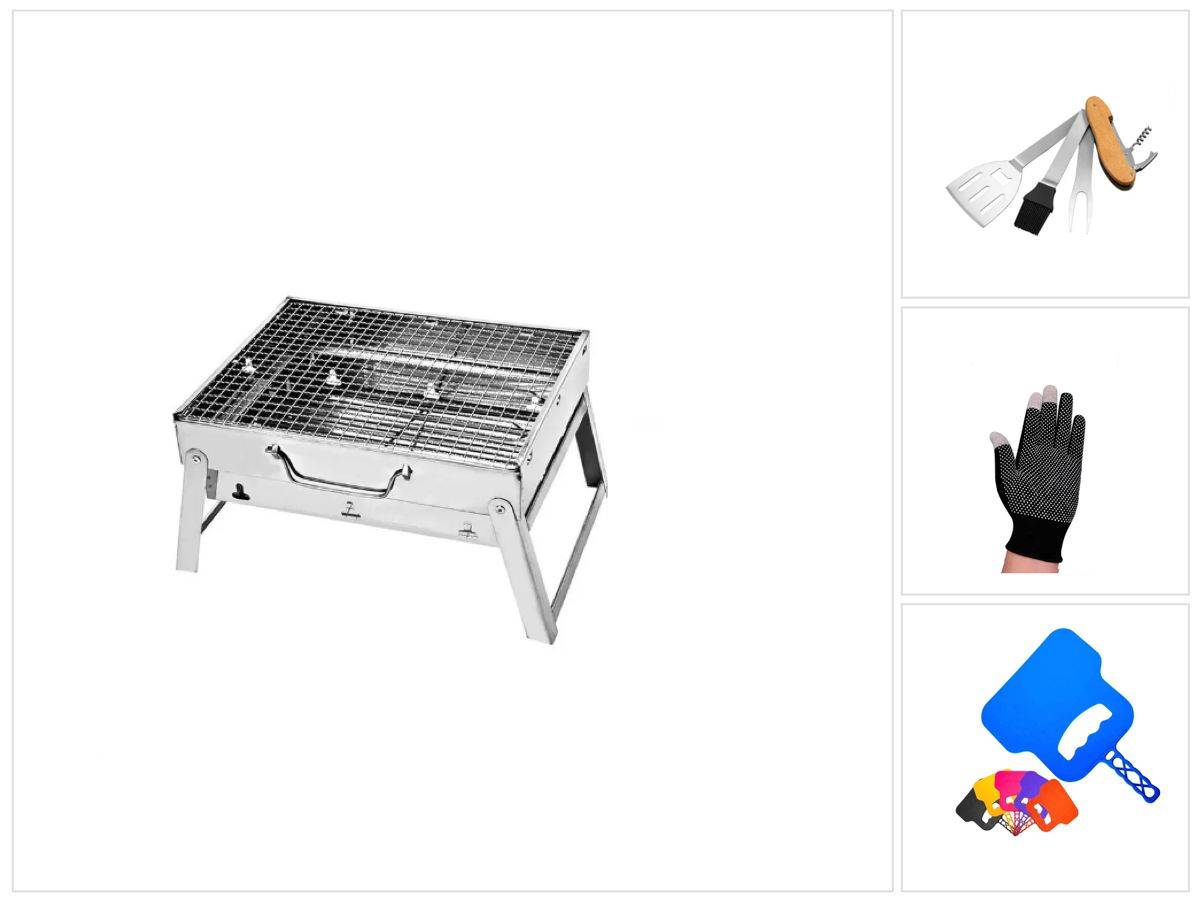 [BUNDLE] Toolbrothers Outdoor tragbarer Holzkohle Edelstahl Grill Set für Camping werkzeuglose Montage 43 x 29 x 23 cm Silber + Grillbesteck 5 tlg