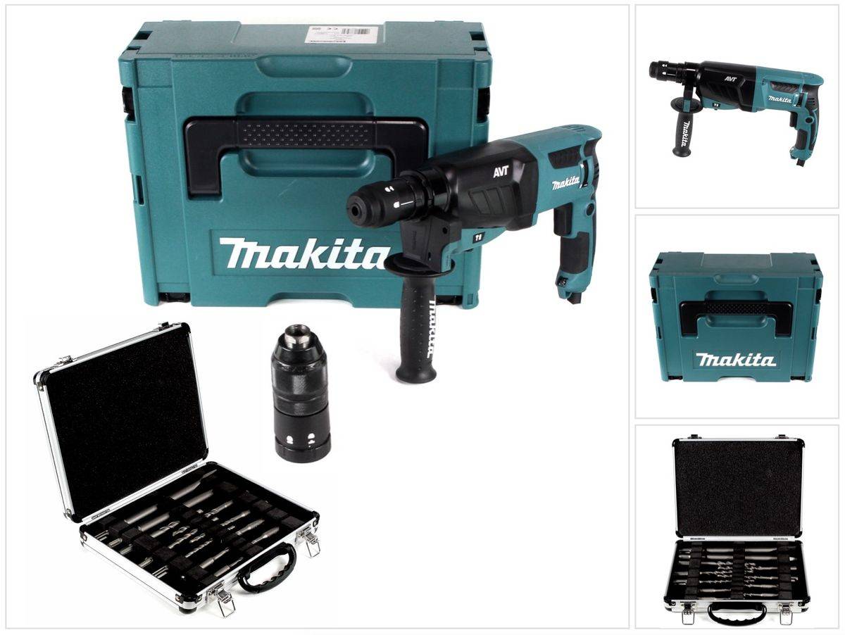 Makita HR 2631 FTJ 800 W Kombihammer mit SDS Plus Bohrfutter und Schnellspannbohrfutter im Makpac + Bosch Meißel und Bohrer Set 11 tlg. für SDS-Plu