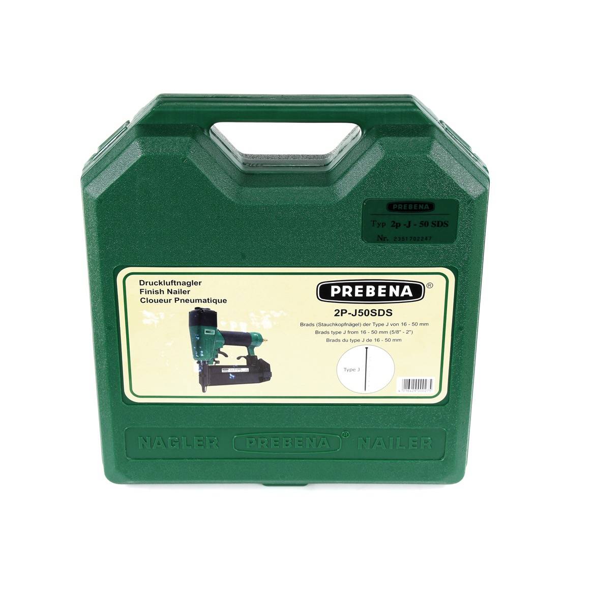Prebena 2P-J50SDS Luftdruck Druckluftnagler 5-7 bar im Transportkoffer + 5000x Stauchkopfnägel Brads 30mm - aus verzinktem Stahl, geharzt