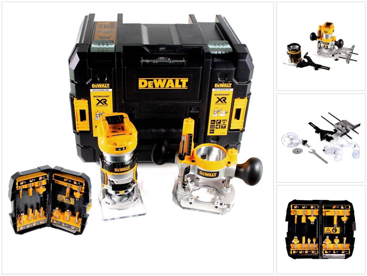 DeWalt DCW 604 NT Akku Kombifräse 18V 55mm + Fräser Set 12 tlg. in TSTAK - ohne Akku und Ladegerät