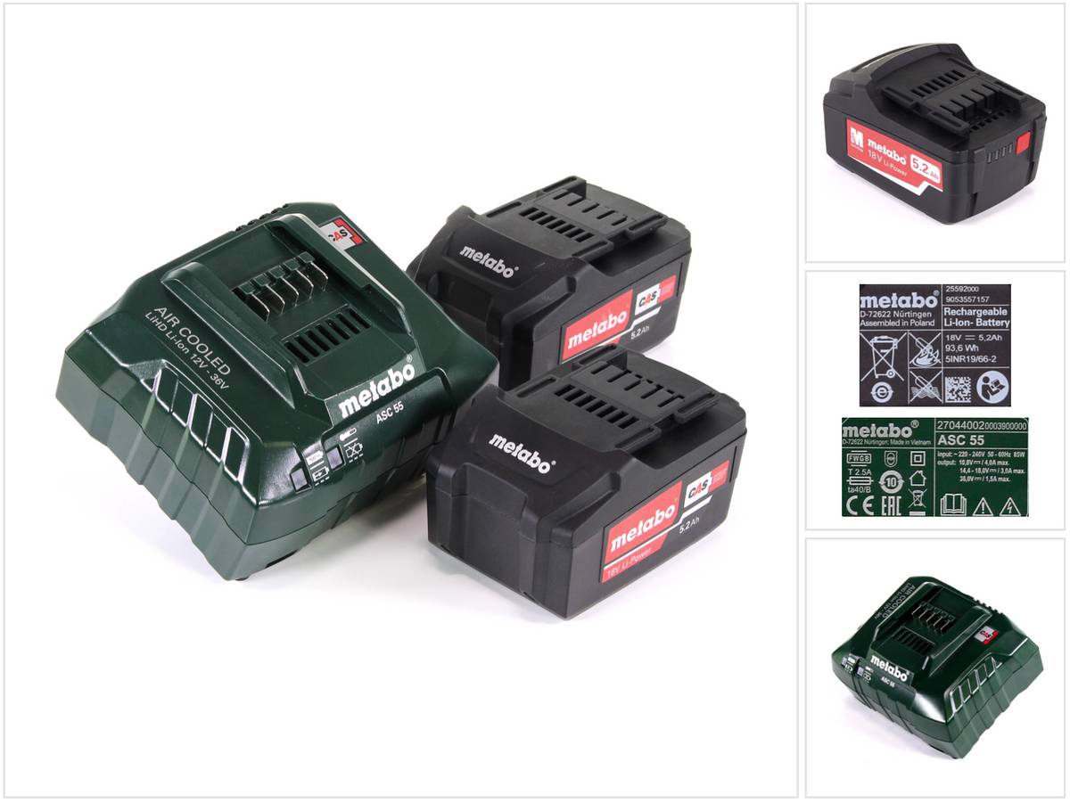Metabo Akku Basis Set 18V mit 2x Akku 5,2Ah ( 625592000 ) + Ladegerät ASC 55 ( 627044000 )