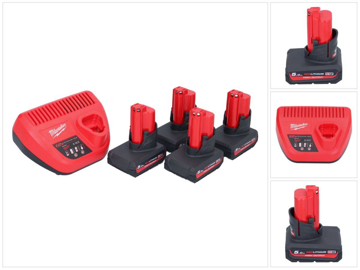 Milwaukee M12 HNRG-504 Akku Starter Set 4x HB5 High Output 12 V 5,0 Ah / 5000 mAh Li-Ion Akku ( 4x 4932480165 ) + M12-C12C Ladegerät