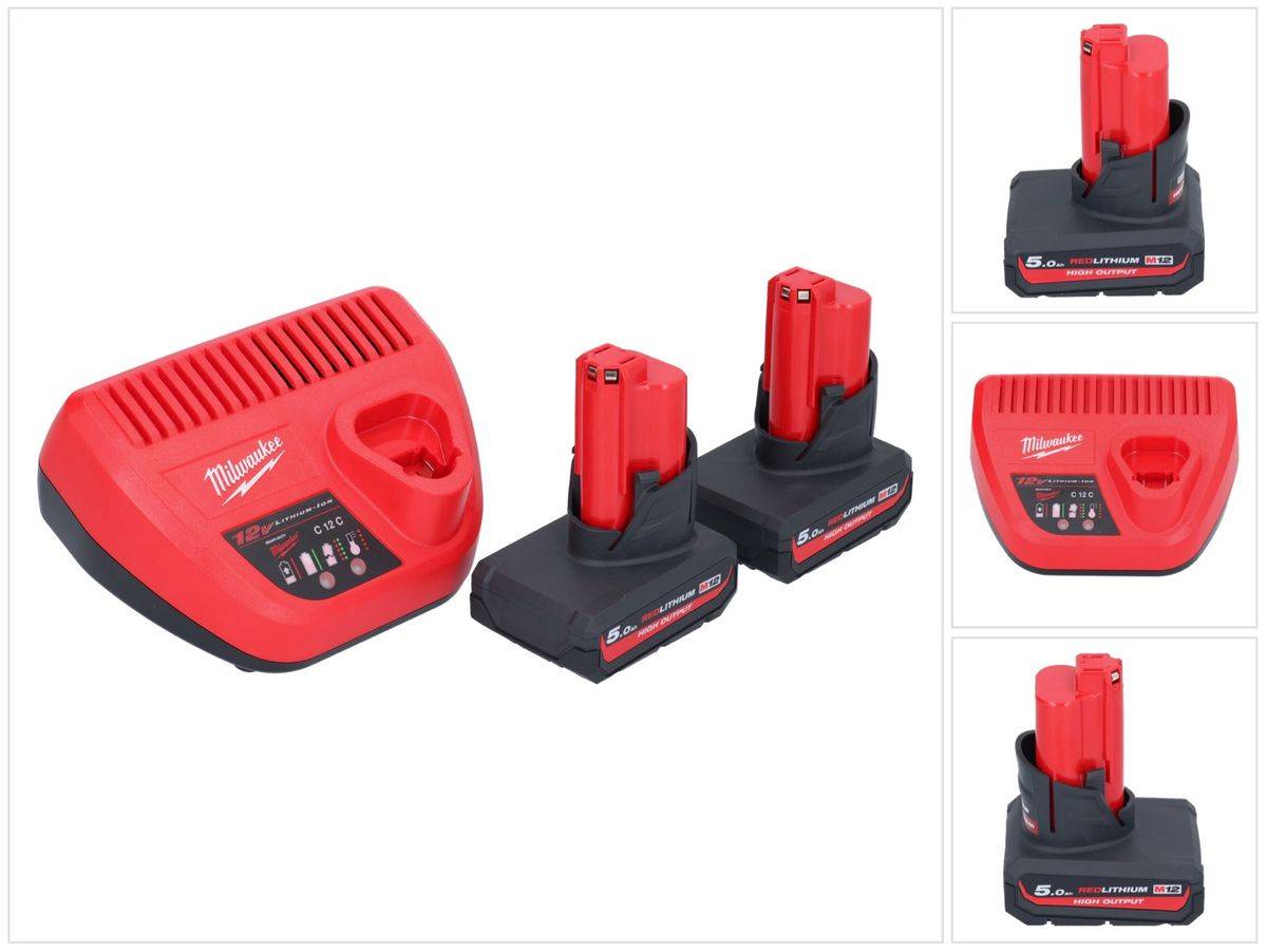 Milwaukee M12 HNRG-502 Akku Starter Set 2x HB5 High Output 12 V 5,0 Ah / 5000 mAh Li-Ion Akku ( 2x 4932480165 ) + M12-C12C Ladegerät