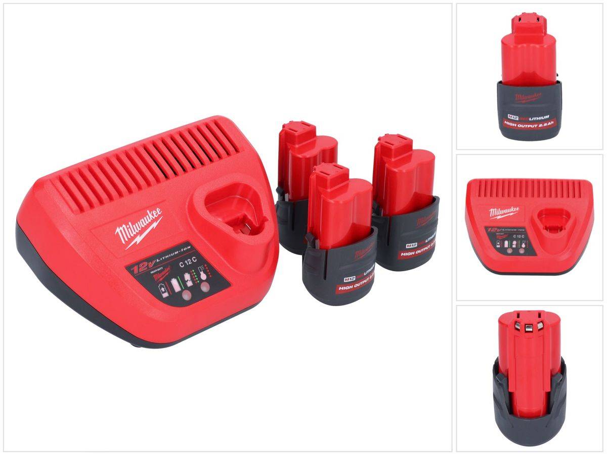 Milwaukee M12 HNRG-253 Akku Starter Set High Output 12 V + 3x HB2.5 Akku 2,5 Ah ( 4932480164 ) + M12 C12 C Ladegerät ( 4932352000 )