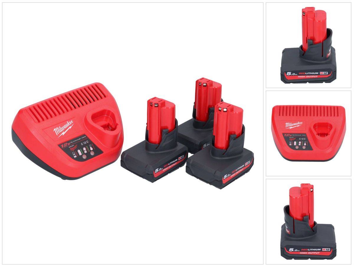 Milwaukee M12 HNRG-503 Akku Starter Set 3x HB5 High Output 12 V 5,0 Ah / 5000 mAh Li-Ion Akku ( 3x 4932480165 ) + M12-C12C Ladegerät