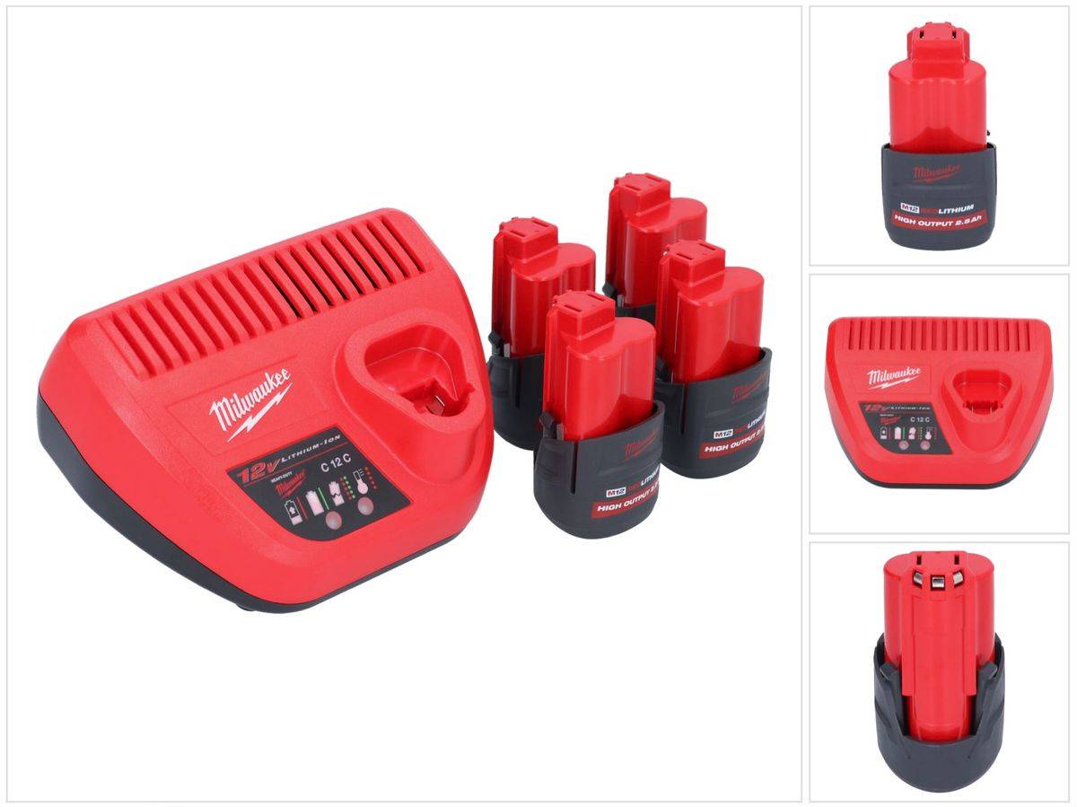 Milwaukee M12 HNRG-254 Akku Starter Set High Output 12 V + 4x HB2.5 Akku 2,5 Ah ( 4932480164 ) + M12 C12 C Ladegerät ( 4932352000 )
