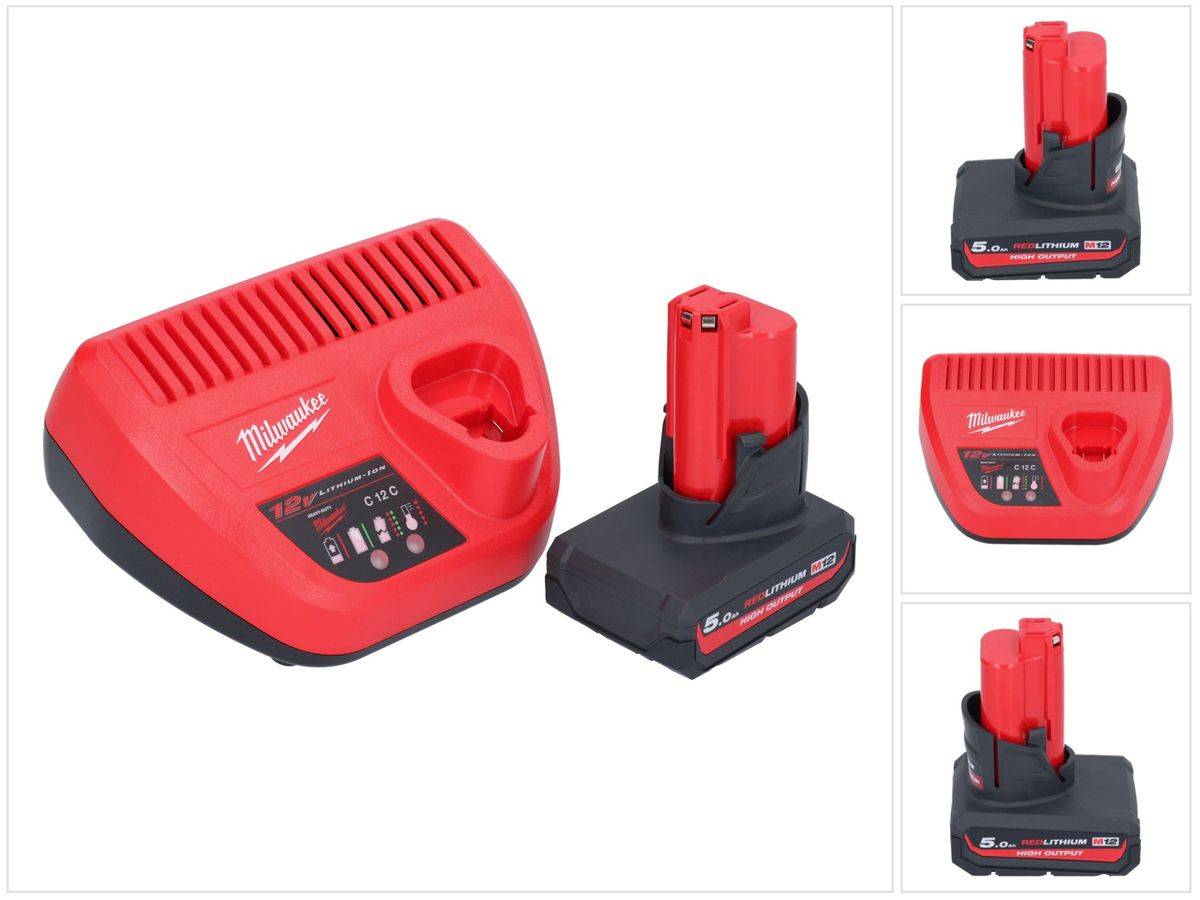 Milwaukee M12 HNRG-501 Akku Starter Set HB5 High Output 12 V 5,0 Ah / 5000 mAh Li-Ion Akku ( 4932480165 ) + M12-C12C Ladegerät