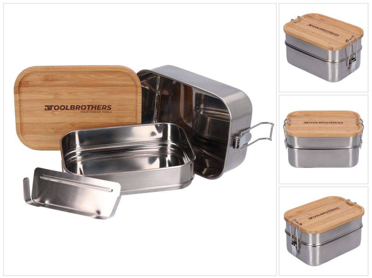 Toolbrothers Fan Edelstahl Brotdose mit 2 Etagen und Bambus Deckel 1340 ml