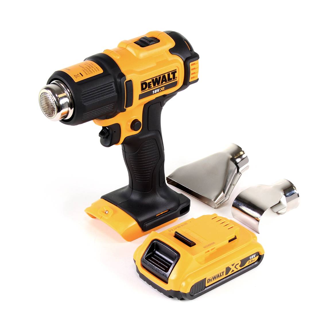 DeWalt DCE 530 N Akku Heißluftpistole 18V 530°C + 1x Akku 2,0Ah + Flächen- und Reflektordüse - ohne Ladegerät