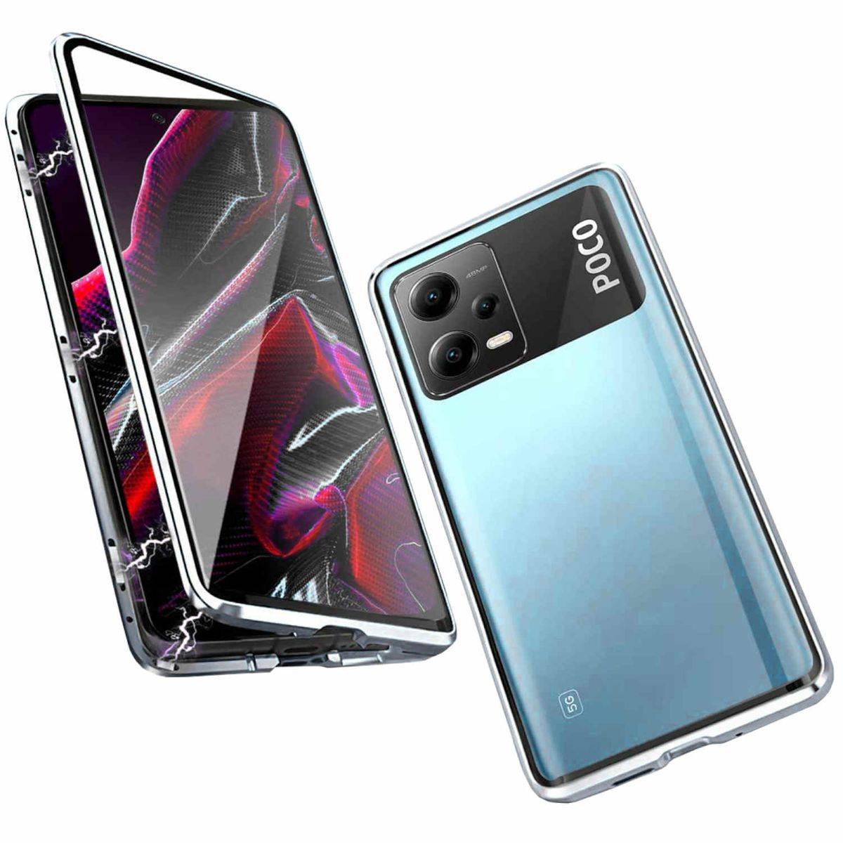 Für Xiaomi Poco X5 / Redmi Note 12 5G Beidseitiger 360 Grad Magnet Glas Hülle Handy Tasche Bumper Silber