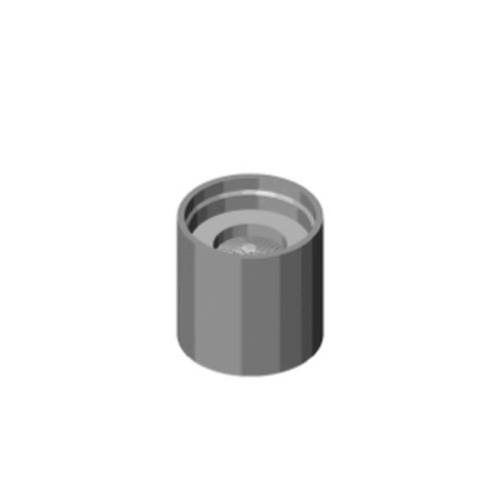 Ein grauer zylindrischer Metallteil mit einer hohlen oberen Öffnung, zentriert auf einem einfachen weißen Hintergrund dargestellt.