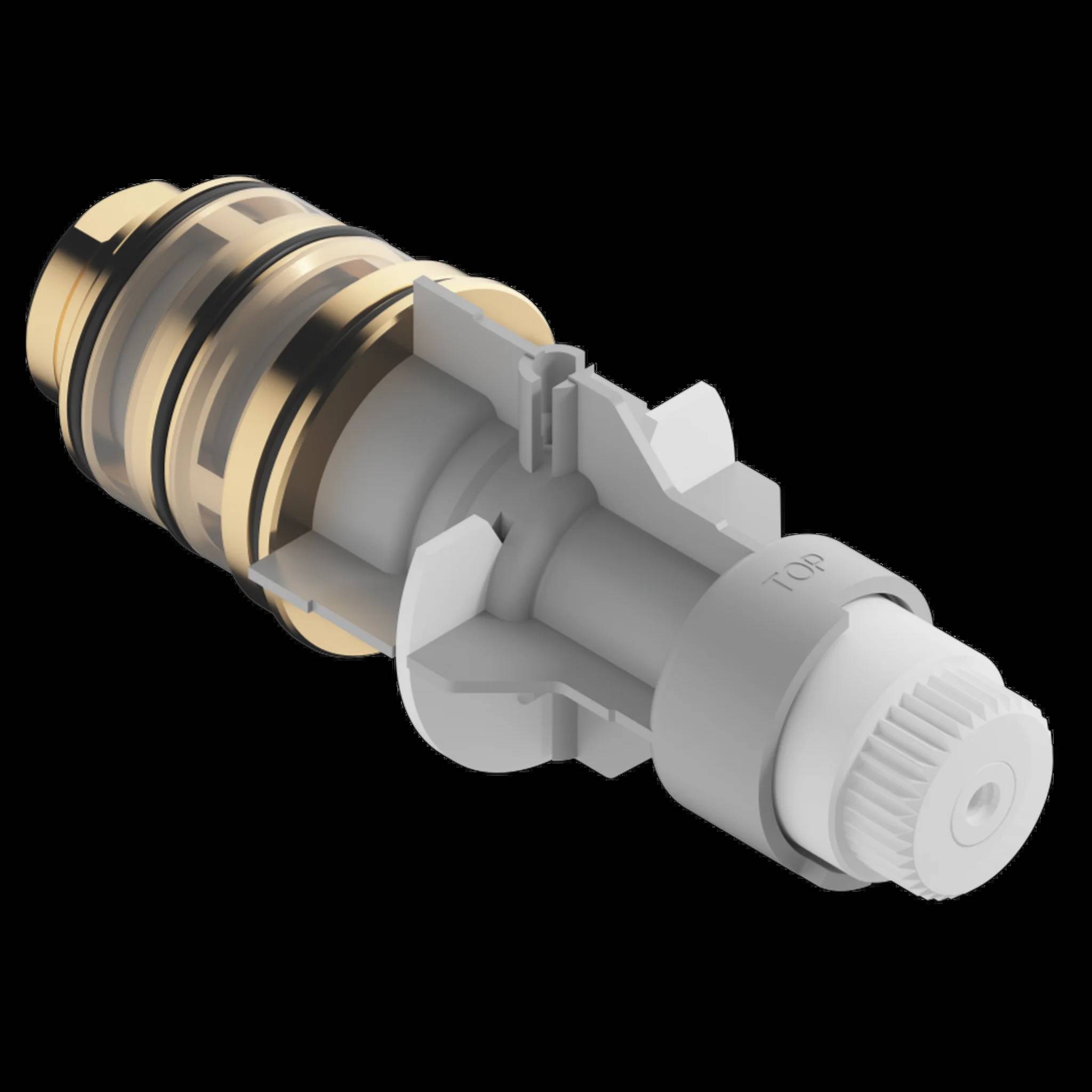 3D-Darstellung einer kunststoff-hydraulischen Schnellverbindungskupplung mit Messingringen, isoliert auf schwarzem Hintergrund dargestellt.