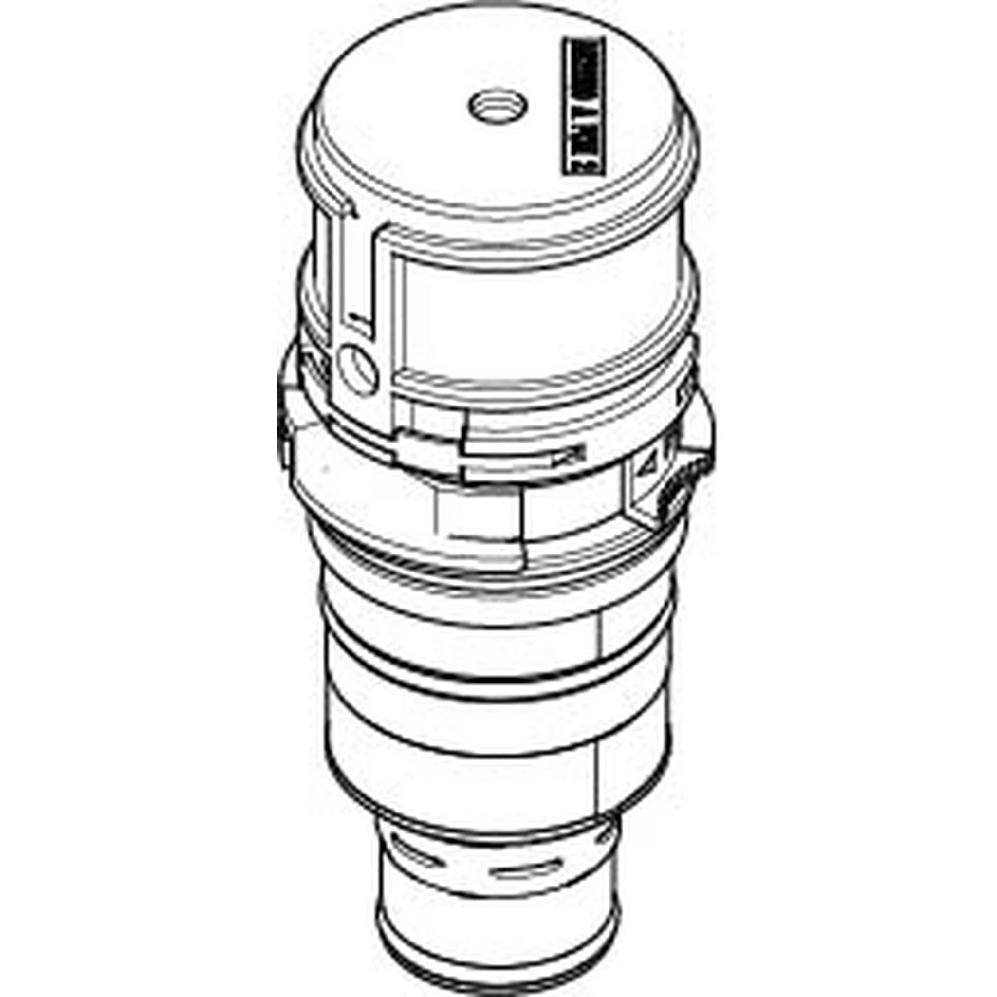 Linienzeichnung eines zylindrischen mechanischen Geräts oder Filterpatronen mit Verschlusskappe, Seitenklemme und konischer Basis auf einfachem Hintergrund.